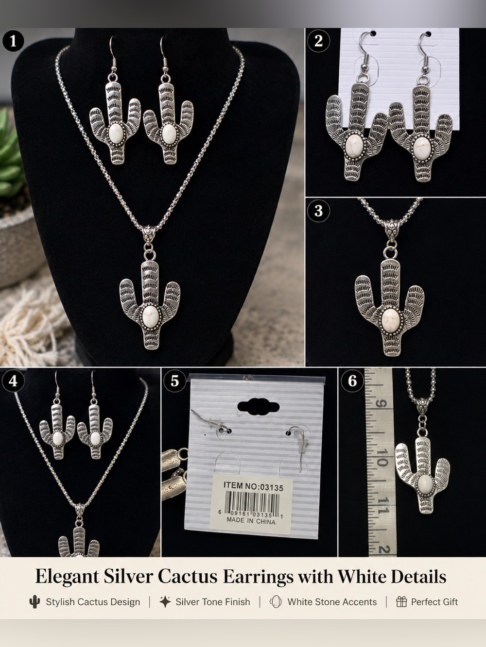 Western Cactus Jewelry Set Necklace Earrings Silver Boho Southwest